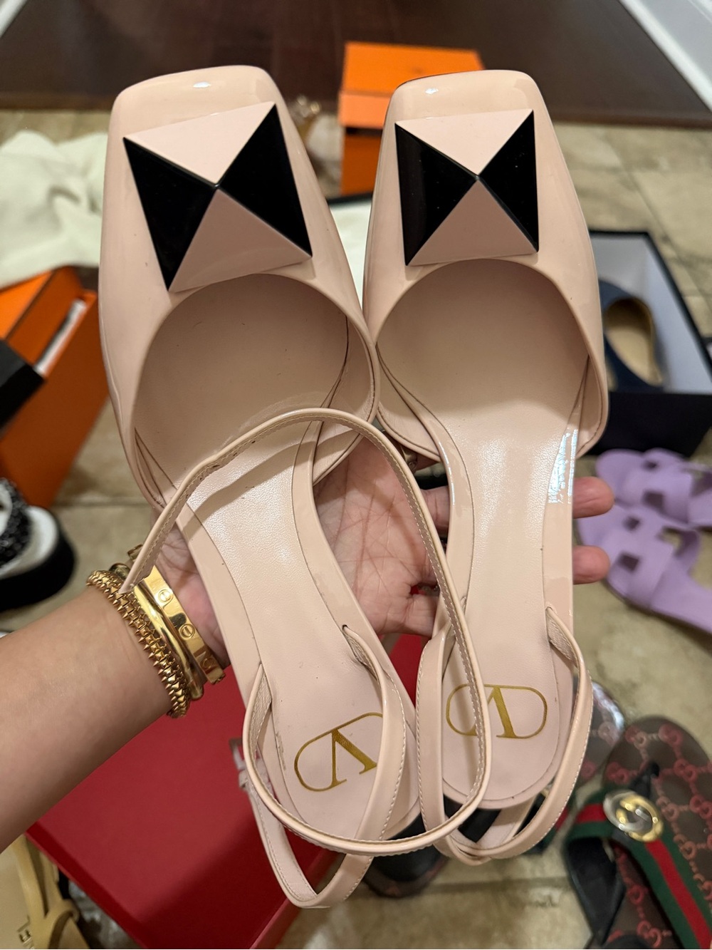 Valentino Blush Patent Slingback Heels with Black Pyramid Studs